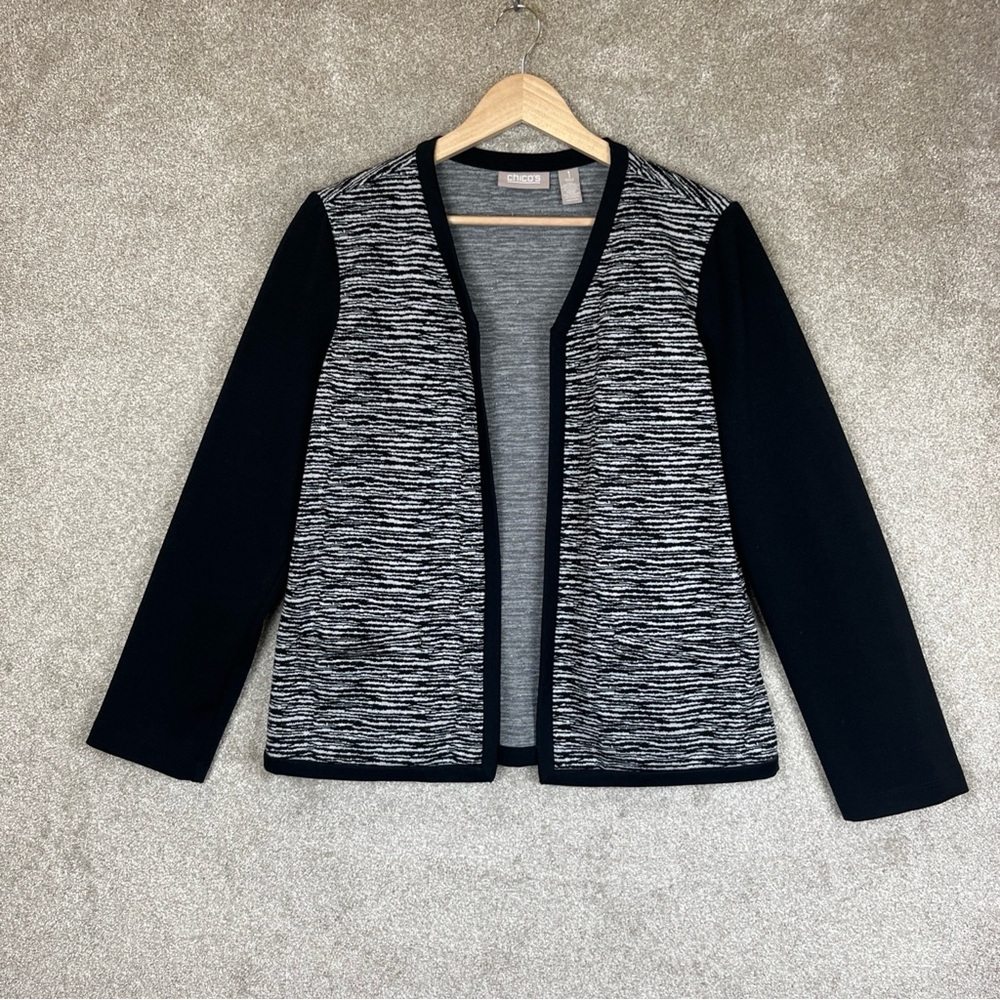 Chico’s Cardigan Womens 1 Black Gray Long Sleeve Open Polyester Blend- 2482*